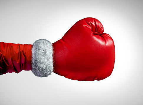 Boxing Day Sale symbol as a shopping holiday as a Santa clause boxing glove concept as a holiday business concept for competing consumer shopping after christmas for sales and discoints for after Christmas in a 3D illustration style..