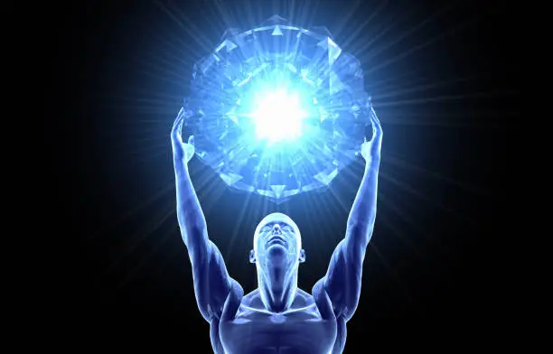 Superhuman lifting a giant crystal energy sphere with his hands. / You can see the animation movie of this image from my iStock video portfolio. Video number: 1451521409