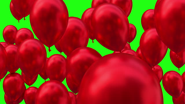Red Helium Balloons Flying from Bottom to Top Isolated on Green Screen Background, 4K