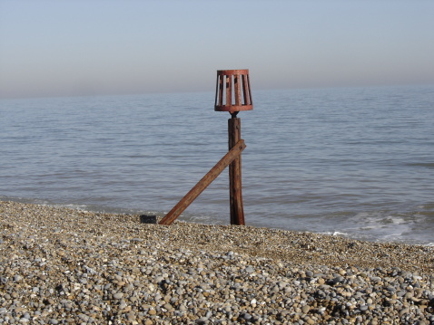  Warning beacon on the beach at Aldeburgh Suffolk England.                              