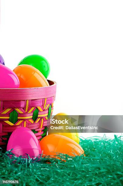 Colorful Basket Of Easter Eggs Stock Photo - Download Image Now - Backgrounds, Basket, Blue