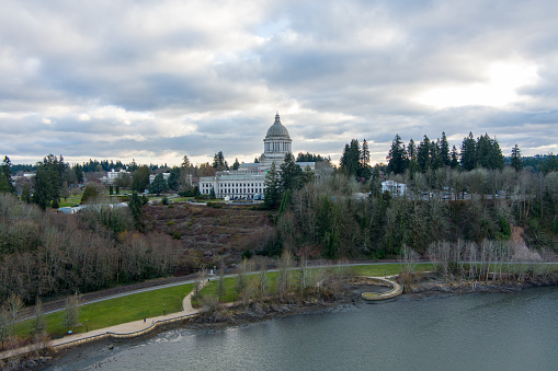 Aerial view of the Olympia, Washington capital building on capitol lake