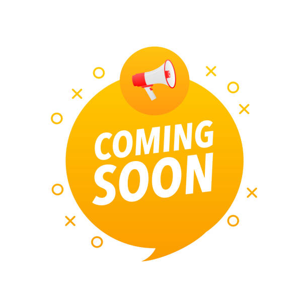 Coming soon Announcement Megaphone Label. Loudspeaker speech bubble. vector art illustration