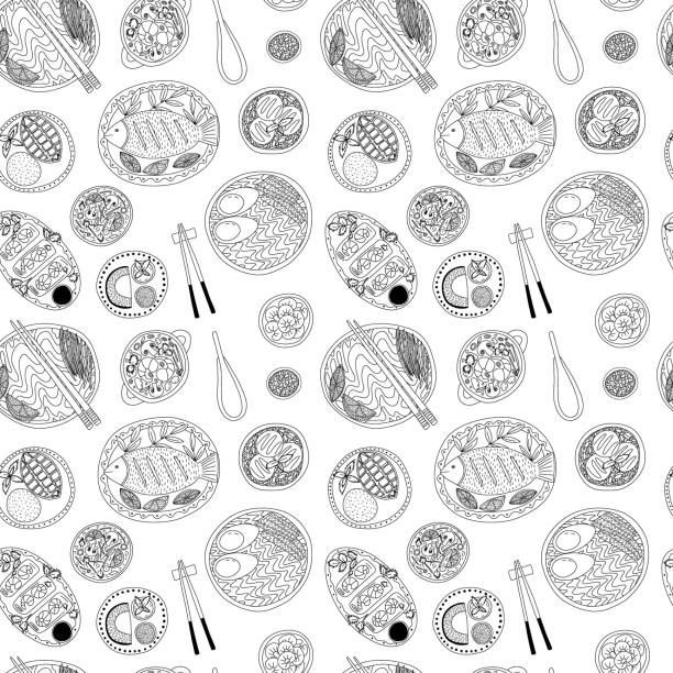ilustrações de stock, clip art, desenhos animados e ícones de vector thai food seamless pattern - seamless padding backgrounds wallpaper