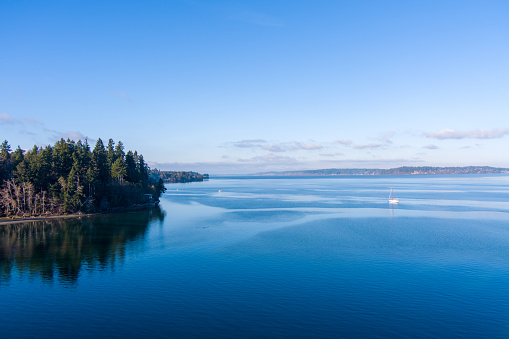 Aerial view of a sailboat on the Puget Sound in Olympia, Washington