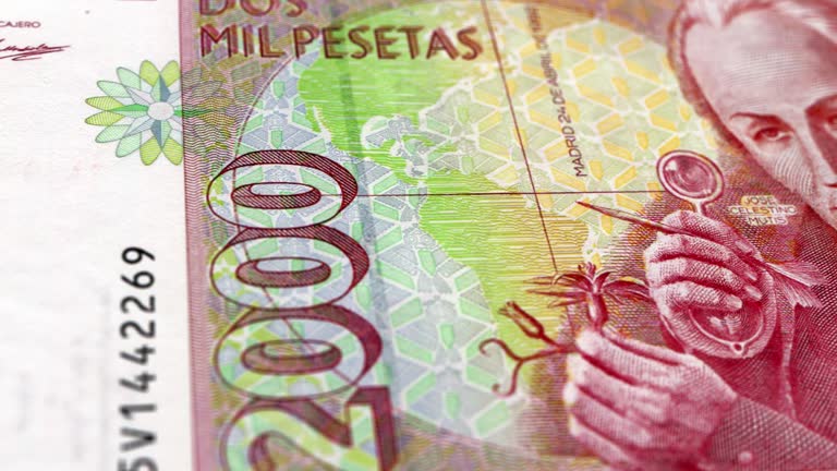Spain Spanish Peseta 2000 Banknotes, Two Thousand Spanish Peseta, Close-up and macro view of the Spanish Peseta, Tracking and Dolly Shots 2000 Spanish Peseta banknote Observe and Reserve Side, Spanish Peseta Money Currency Background, Spain