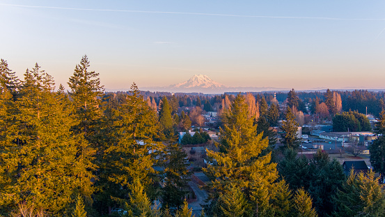 Mount Rainier at sunset from above Lacey, Washington