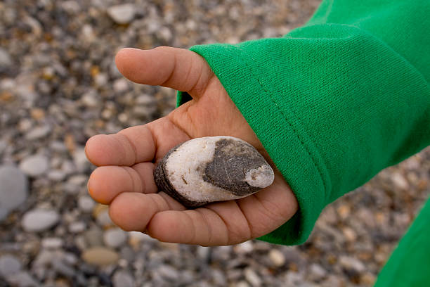 海の丸みのあるクラウディストーン、子供の手 - thumb stones ストックフォトと画像