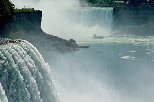 A popular tourist attraction at Niagara Falls is the many tour boats that operate approaching the base of the falls. A thrilling but wet tourist attraction is the boat tours that sail near the base of the falls.
