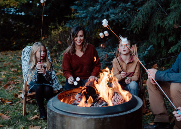 Family roasting marshmallows around fire A family with elementary age children gathers around a fire while camping in the Autumn and roasts marshmallows. family camping stock pictures, royalty-free photos & images