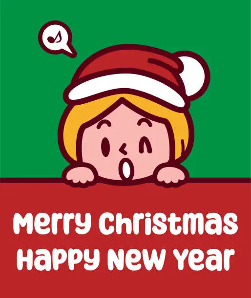 Vector illustration of A cute child wearing a Santa hat holds a sign and wishes you a Merry Christmas and a Happy New Year