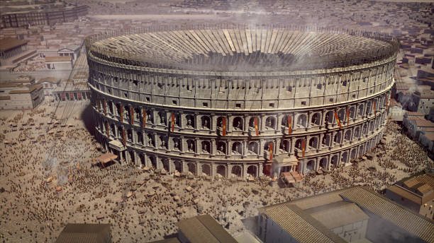 colosseo romano con particolare del rendering 3d dell'antico foro romano - antica-roma foto e immagini stock