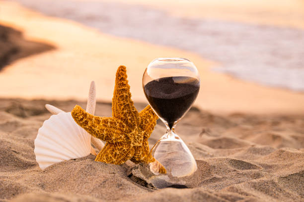 Sand Hourglass on the Beach with Seashells at Sunset