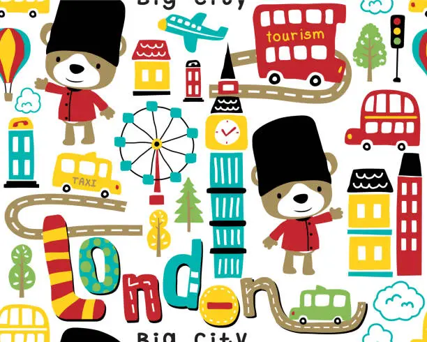 Vector illustration of Seamless pattern vector of London city elements cartoon with funny bear in royal guard costume
