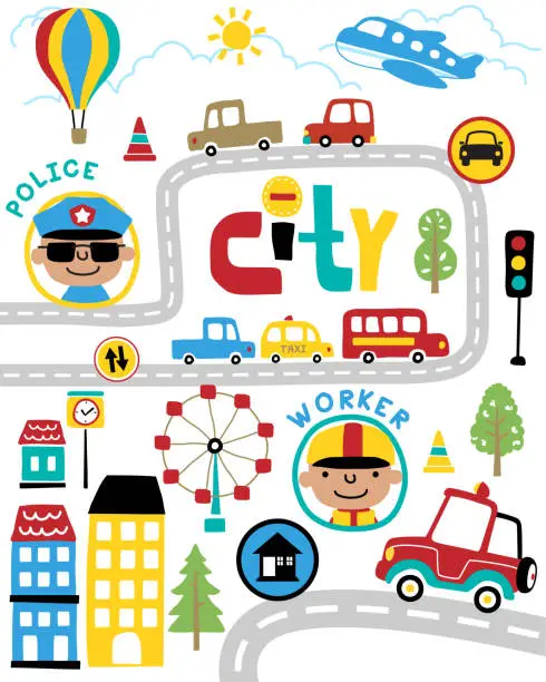 Vector illustration of Vector set of cityscape elements cartoon with funny cop and worker
