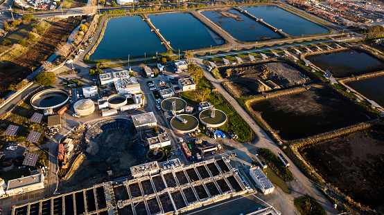 High quality stock aerial photos of West County Wastewater District treatment plant in the Wildcat Marsh Creek in Richmond, CA.