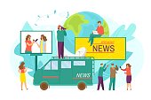 istock Breaking news from reporter journalist, flat tv camera vector illustration. Journalist work for press media concept, man woman character 1451944905