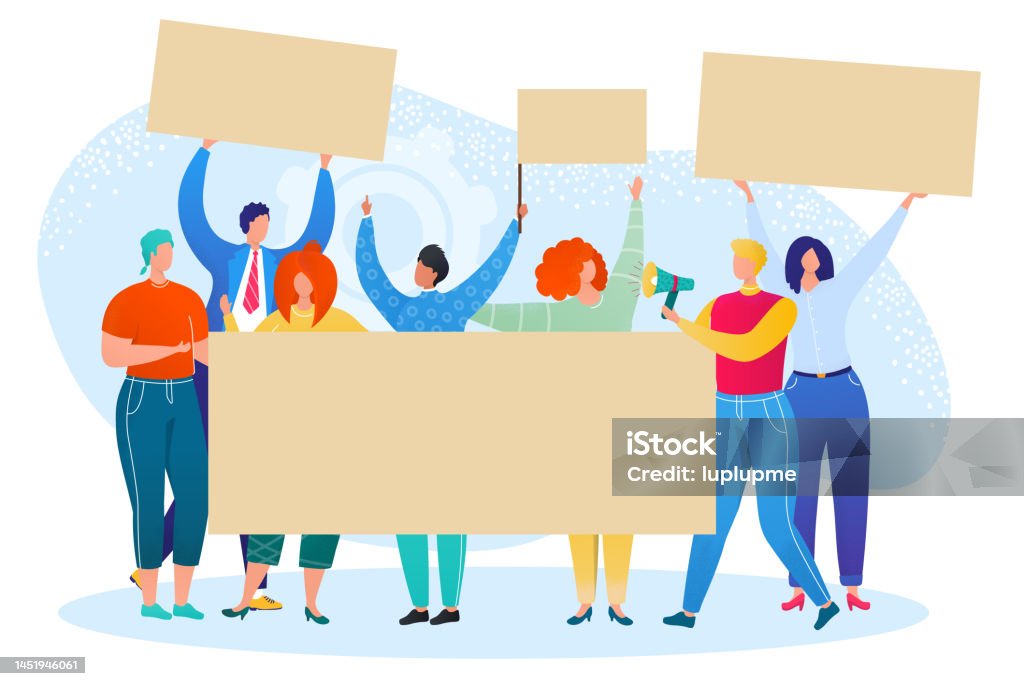 Protest Character Crowd People Group Protest With Banner Activist Demonstration Vector ...