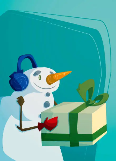 Vector illustration of illustration of a beautiful snowman with blue headphones and a large green gift in his hands to deliver