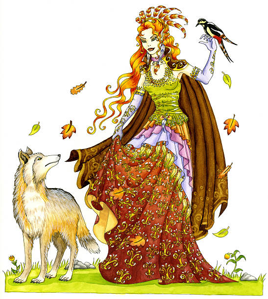 Elven Lady accompanied by a wolf Beautiful female elf / fairy dressed in an elaborate gown. A woodpecker is sitting on her hand and she's accompanied by a wolf. dendrocopos major stock illustrations