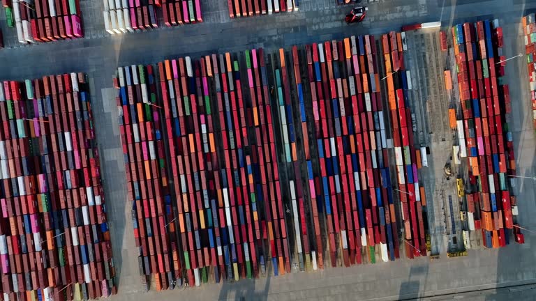 Top Down Aerial View Of Colorful Shipping Container On Shipping Docks