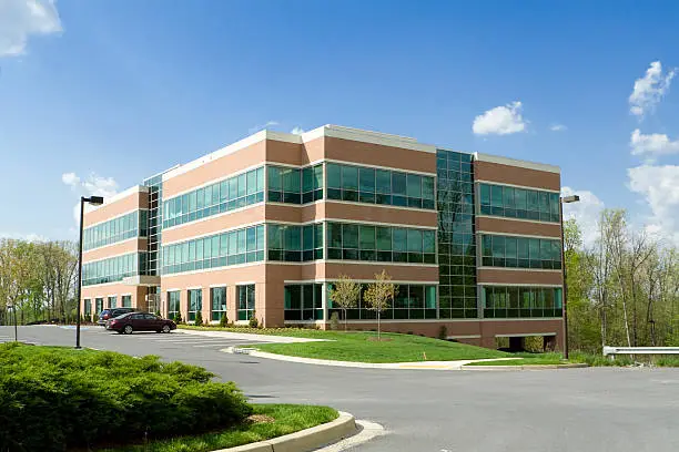 Photo of Modern Cube Shaped Office Building, Parking Lot, Suburban Maryland, USA