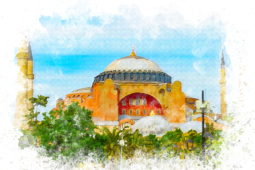 Watercolor art Hagia Sophia minaret , sunny and blue sky, muslim and islamic concept. High quality illustration