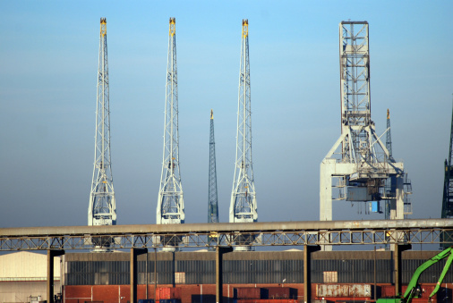 A lot of different cranes in the port of Antwerp (Belgium)