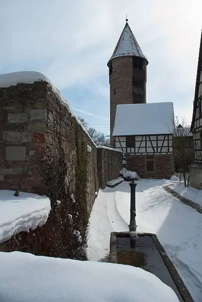 City wall in Weil der Stadt, Germany covered with snow.