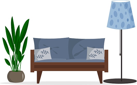 Furniture items for the home. Interior illustration - sofa, floor lamp and flower in a pot. Vector illustration.