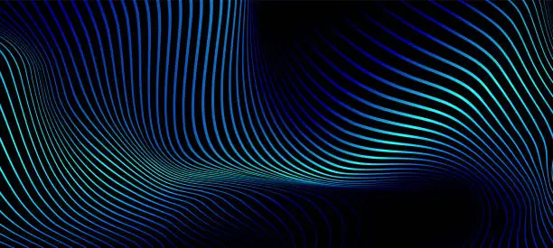 Vector illustration of Abstract dotted wave line particle of blue design element on dark black background. Modern technology futuristic concept. Vector illustration