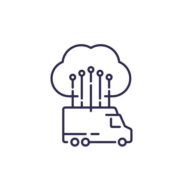 Vector illustration of van, truck connected to cloud line icon