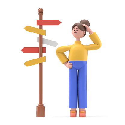 3D illustration of smiling woman Angela standing at a crossroad and looking directional sign arrows.3D rendering on white background.