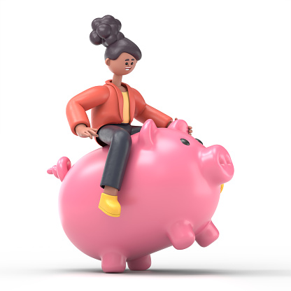 3D illustration of smiling african american woman Coco riding piggy bank, 3D rendering on white background.