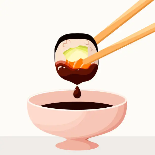 Vector illustration of Sushi maki in soy sauce