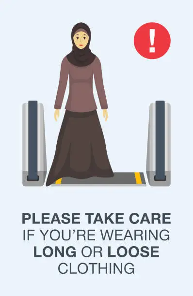 Vector illustration of Escalator safety rule. Take care if you are wearing long or loose clothing.