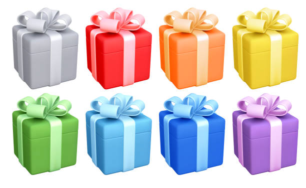 Gift Boxe Set Multicolor Set of isolated multicolored 3d gift boxes with cute bow. Rainbow colors. Holiday design element for birthday, wedding, advertisement of sale and other life events. Vector realistic illustration gift box stock illustrations