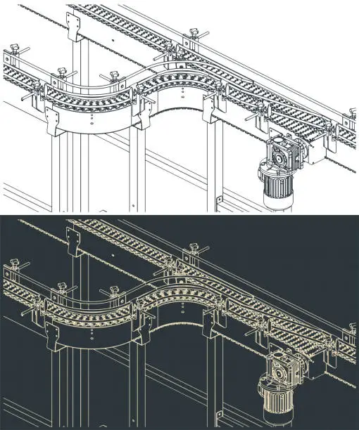 Vector illustration of Flex link conveyor isometric blueprints