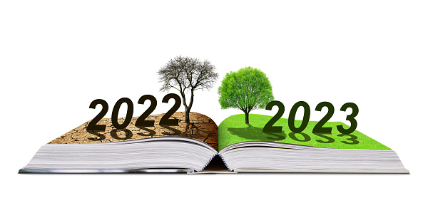 Open book with number 2022 and 2023 isolated on a white background. Concept of Happy New Year. Global warming or climate change theme.
