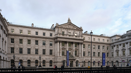 London, UK, DEC 6 2022: Somerset House, a large Neoclassical complex situated on the south side of the Strand in central London, overlooking the River Thames, just east of Waterloo Bridge.