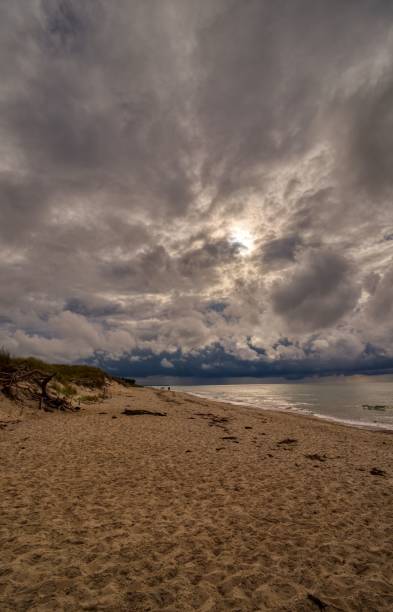 istock Vertical shot of a sandy beach with a seascape in cloudy sky background 1452049672