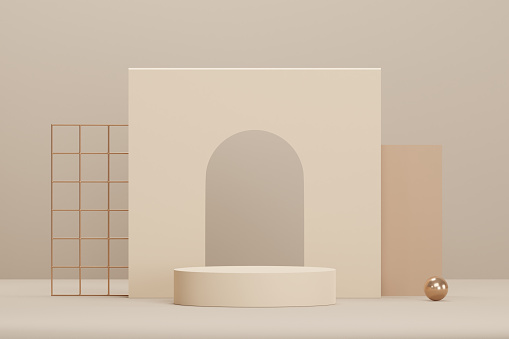 Stylish beige display stand stock 3D illustration background