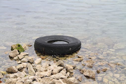 an old tire is on the shore