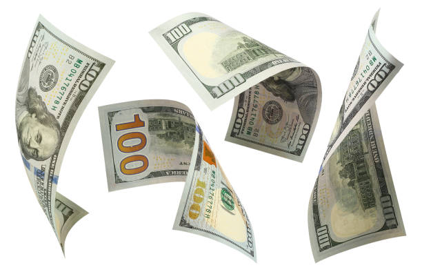 Collection of 100 dollars banknotes on white