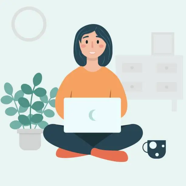 Vector illustration of Girl with laptop on the flor. Freelance or studying concept. Cute illustration in flat style. Vector illustration of freelance work. Happy woman work online, teleworking. EPS 10