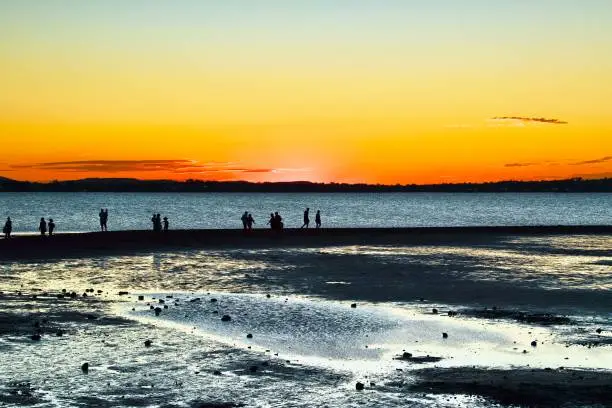 Red sunset horizon, Onlookers on the sandbar, Wellington Point, Queensland