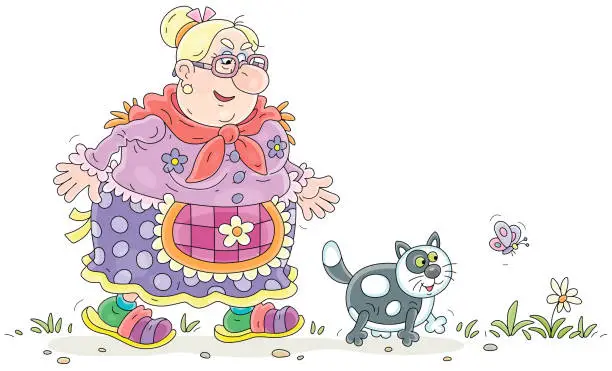 Vector illustration of Funny housewife walking with a fattened cat