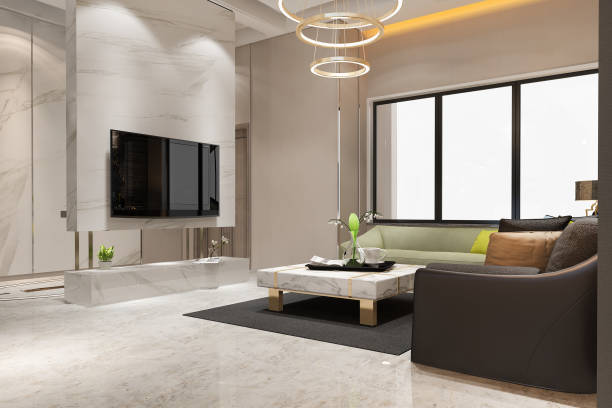 3d rendering loft luxury living room with design chandelier stock photo