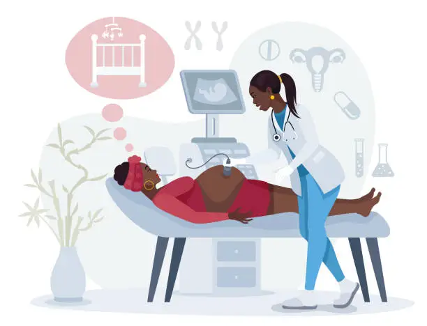 Vector illustration of Obstetrician using ultrasound scanner on pregnant woman.