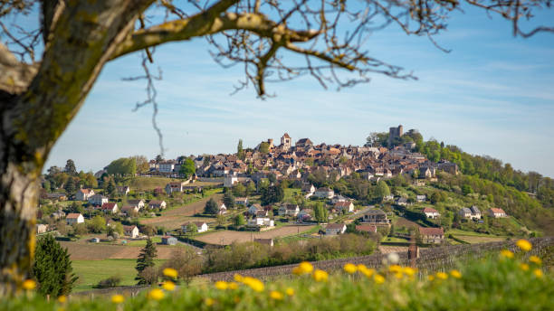 The old city of Sancerre seen from the Sancerre vineyards stock photo